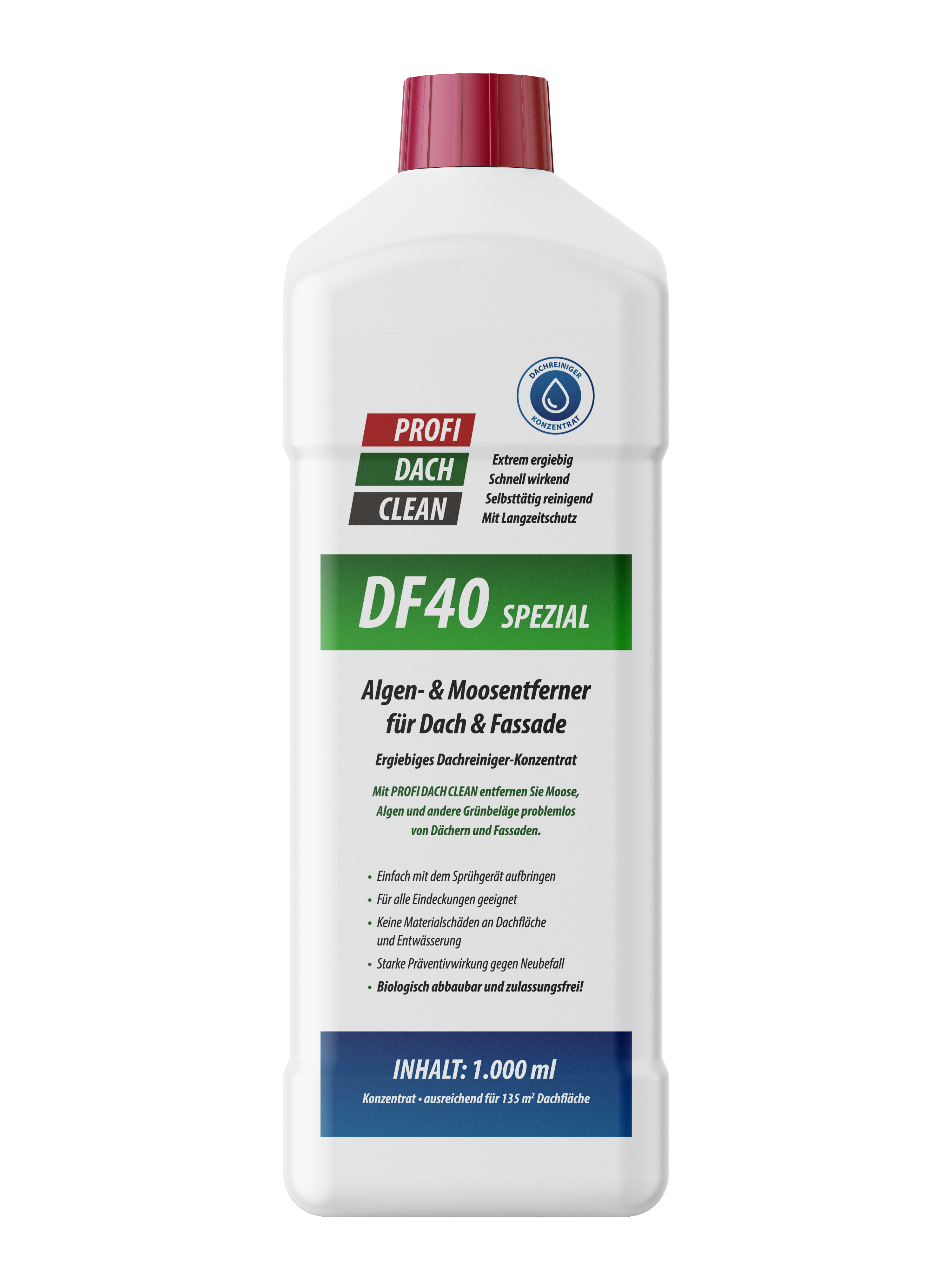 Profidachclean 1L Flasche – professioneller Reiniger gegen Algen, Moos und Grünbelag auf Dach, Fassade und Stein, konzentrierte Formel für langanhaltenden Schutz