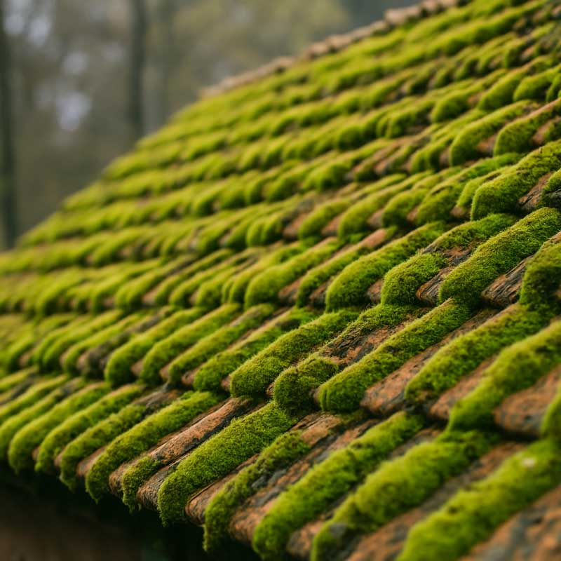Nahaufnahme eines stark mit Moos bewachsenen Dachs – idealer Einsatzbereich für Profidachclean Algen- und Moosentferner