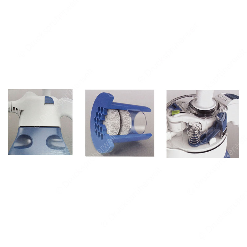 AX2000 Schaumsprüher – Detailansichten von Düse, Filter und Mechanik AX2000 Schaumsprühers mit Schaumdüse, Filtersystem und Federmechanik – zeigt hochwertige Verarbeitung und Aufbau des Sprühkopfs