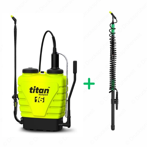 Titan 16 Viton Rückensprüher mit KWT500 Teleskoplanze – ausziehbar bis 5 m für professionelle Anwendungen Titan 16 Liter Viton Rückensprüher mit KWT500 Teleskoplanze, ausziehbar bis 5 Meter – ideal für Dach-, Fassaden- und Baumarbeiten