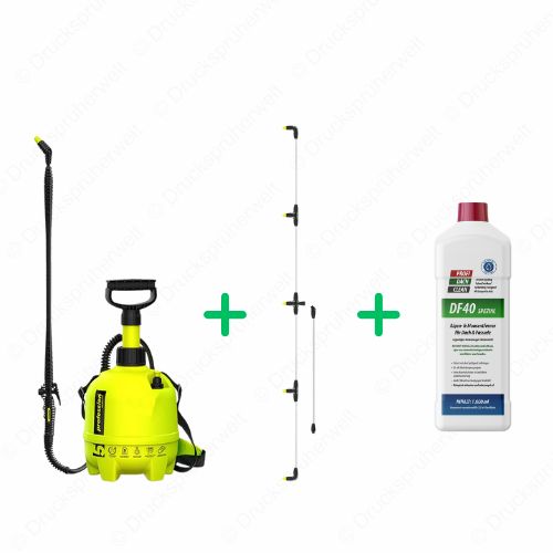 Profession 5L Drucksprüher Set mit Flächensprüharm und 1L Profidachclean Profession 5 Liter Drucksprüher mit Flächensprüharm für gleichmäßiges Auftragen von Reinigungsmitteln und 1 Liter Profidachclean Algen- und Moosentferner für Dach-, Fassaden- und Pflasterflächen