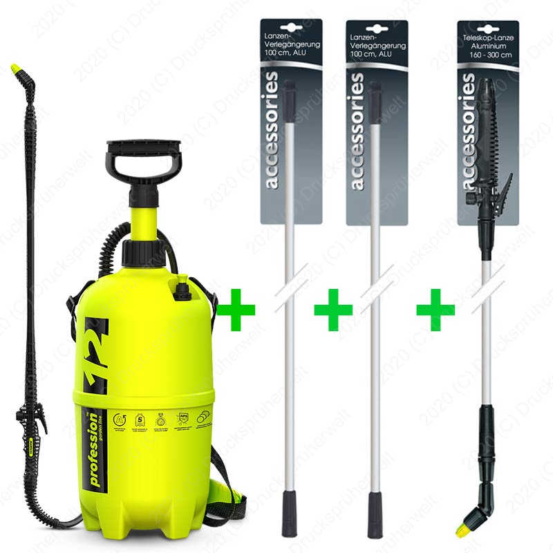 Profession 12 Drucksprüher Set – 12L Profi Sprüher mit Teleskoplanze und zwei 1m Lanzenverlängerungen Profession 12 Liter Drucksprüher mit Teleskoplanze 1,6–3,0 m und zwei Aluminium-Lanzenverlängerungen à 100 cm, ideal für großflächige Anwendungen und Reinigung