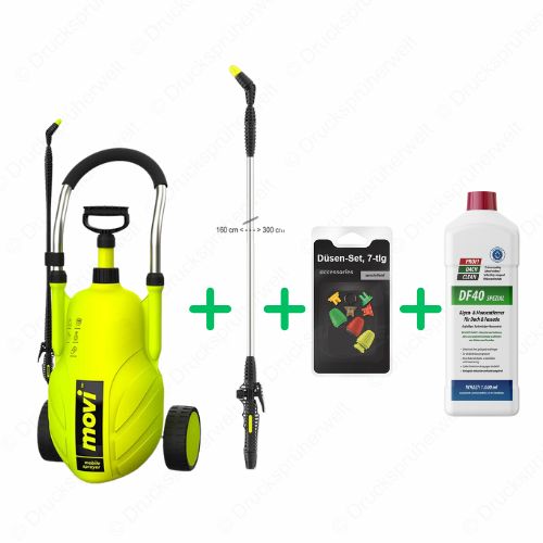 Movi 18 Liter Trolley Drucksprüher mit T300 Teleskoplanze bis 3 m ausziehbar, Düsenset und DF40 Profidachclean für professionelle Reinigung von Dach und Fassade