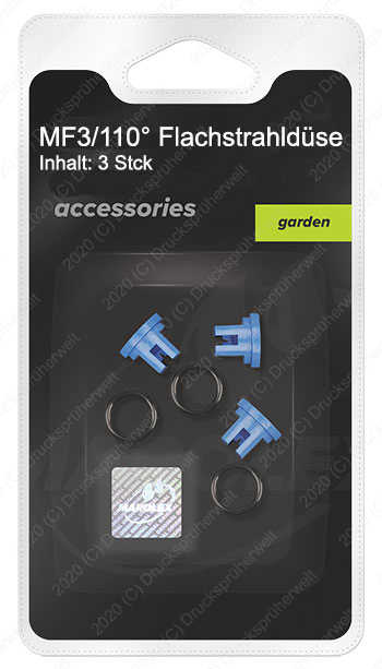 Blaue MF3/110° Flachstrahldüsen im 3er-Set, universell einsetzbar für gleichmäßige Sprühverteilung und sauberes Sprühbild