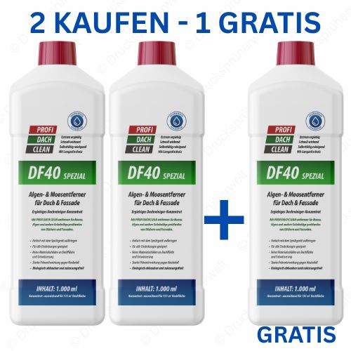 Profi Dachclean DF40 Spezial – 2 kaufen, 1 gratis | Algen- und Moosentferner für Dach & Fassade Angebot: Zwei Flaschen Profi Dachclean DF40 Spezial Algen- und Moosentferner kaufen und eine gratis erhalten – ideal zur Reinigung von Dach, Fassade und Steinflächen