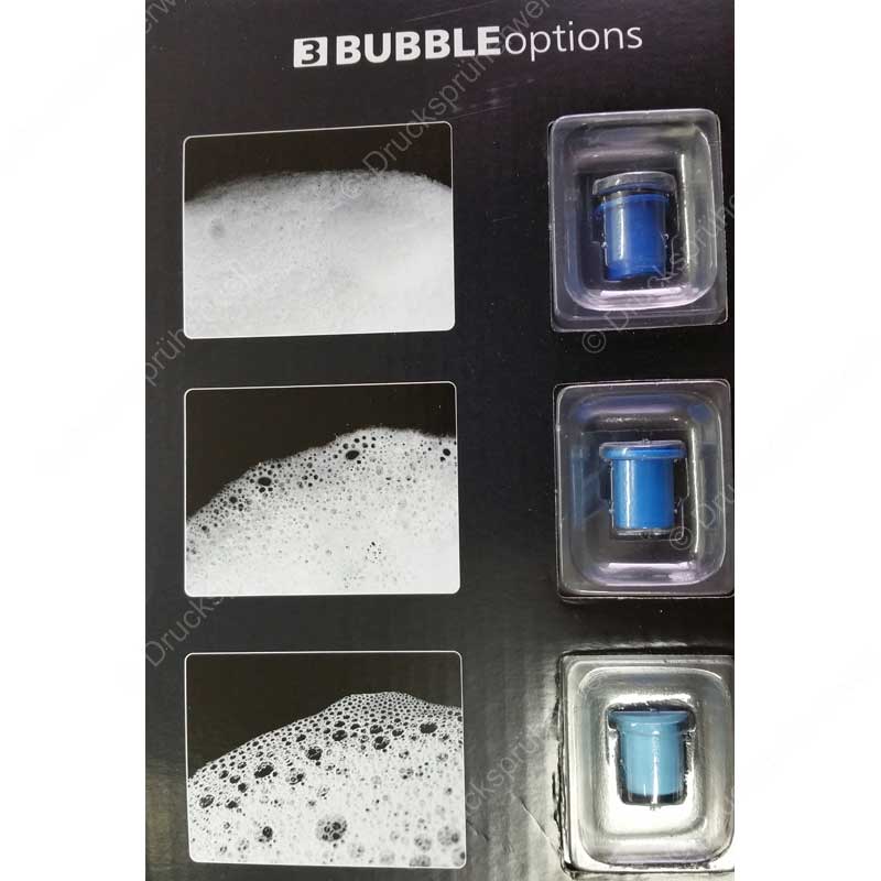 AX2000 Schaumsprüher – 3 Bubble Optionen für unterschiedliche Schaumdichten Drei Schaumdüseneinsätze für den AX2000 Schaumsprüher – Auswahl der Bubble-Optionen für feinen, mittleren und dichten Schaum