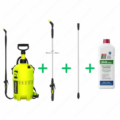 Profession 9 L Drucksprüher mit NBR-Dichtungen, Teleskoplanze bis 3 m, Verlängerungsrohr und DF40 Dachreiniger im Set