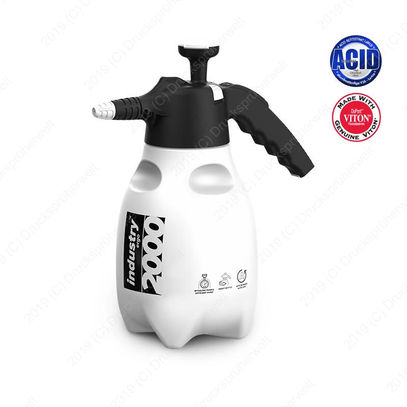 Ergo 2000V Handsprüher mit Viton-Dichtungen, säurebeständiger 2-Liter-Drucksprüher für saure Reinigungsmittel, stabile Ausführung mit ergonomischem Griff und verstellbarer Düse, ideal für Industrie und professionelle Reinigung