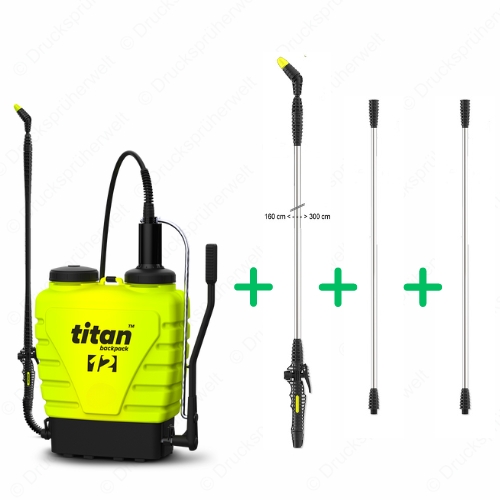 Titan 12 Rückensprüher Set mit Teleskoplanze und Lanzenverlängerungen – ausziehbar bis 5 m Titan 12 Liter Rückensprüher mit Teleskoplanze bis 3 m und zwei Lanzenverlängerungen, ideal für Dach-, Fassaden- und Gartenarbeiten