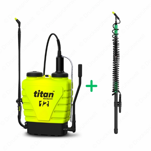 Titan 12 Viton Rückensprüher mit KWT500 Teleskoplanze – ausziehbar bis 5 m für professionelle Anwendungen Titan 12 Liter Viton Rückensprüher mit KWT500 Teleskoplanze, ausziehbar bis 5 Meter – ideal für Dach-, Fassaden- und Baumarbeiten