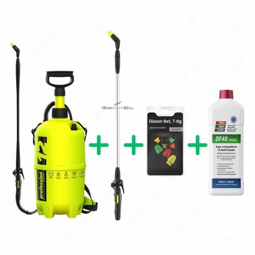 Profession 12 Liter Drucksprüher mit ausziehbarer T300 Teleskoplanze, 7-teiligem Düsen-Set und 1 Liter Profidachclean Algen- und Moosentferner für Dach, Pflaster und Fassade