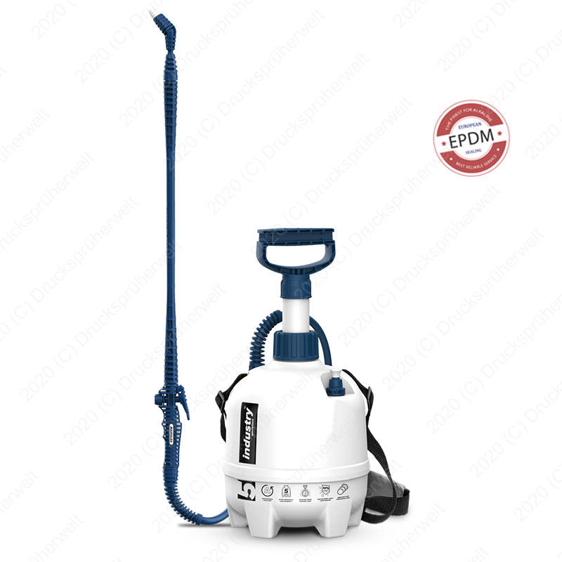 Industry 5 L Drucksprüher mit EPDM-Dichtungen – ideal für alkalische Reinigungsmittel Industry Drucksprüher mit 5 Litern Fassungsvermögen und EPDM-Dichtungen, beständig gegen alkalische Reinigungsmittel und Essigsäure, ausgestattet mit ergonomischer Teleskoplanze und Tragegurt für komfortables Arbeiten